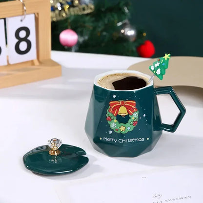Festive Ceramic Mug with Lid & Spoon – 400ml Santa and Elk Design for Coffee, Milk, and Tea - Home Fads 