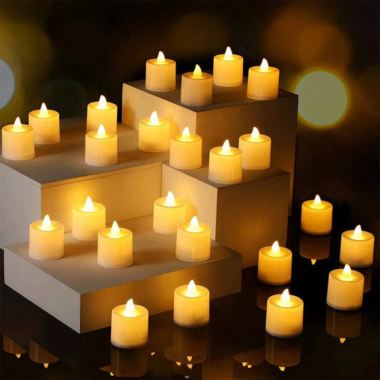 Flameless LED Tealight Candles – Round or Heart Shapes with White, Warm White, or Multicolor Lights, Realistic Flickering – Packs of 6, 8, 12, 24, 48 - Home Fads 