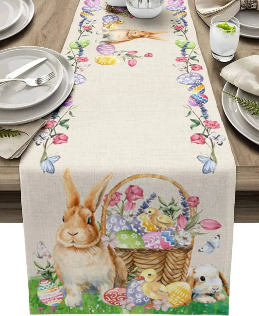 Floral Garland Print Linen Table Runner – Elegant Dining Decor for Spring Celebrations - Home Fads 