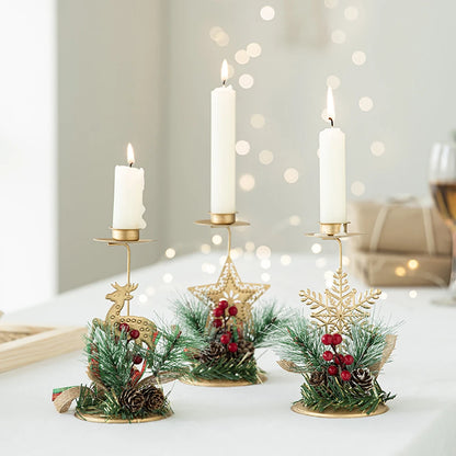 Golden Metal Candle Holder – Elegant Candlestick with Tree, Reindeer, Star, & Snowflake Motifs for Seasonal & Special Occasion Decor - Home Fads 