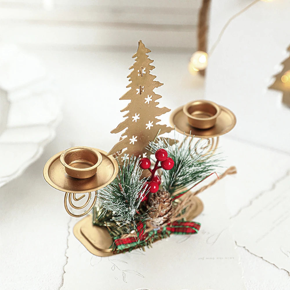 Golden Metal Candle Holder – Elegant Candlestick with Tree, Reindeer, Star, & Snowflake Motifs for Seasonal & Special Occasion Decor - Home Fads 