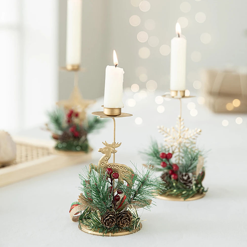 Golden Metal Candle Holder – Elegant Candlestick with Tree, Reindeer, Star, & Snowflake Motifs for Seasonal & Special Occasion Decor - Home Fads 