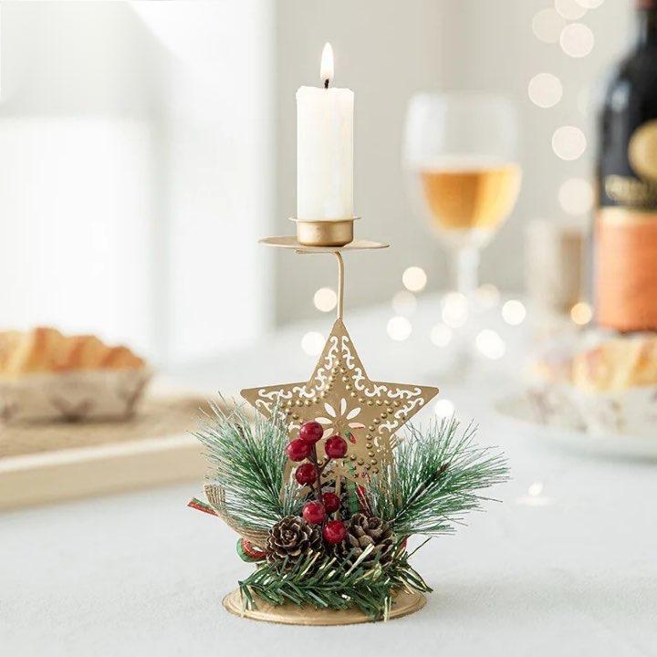 Golden Metal Candle Holder – Elegant Candlestick with Tree, Reindeer, Star, & Snowflake Motifs for Seasonal & Special Occasion Decor - Home Fads 