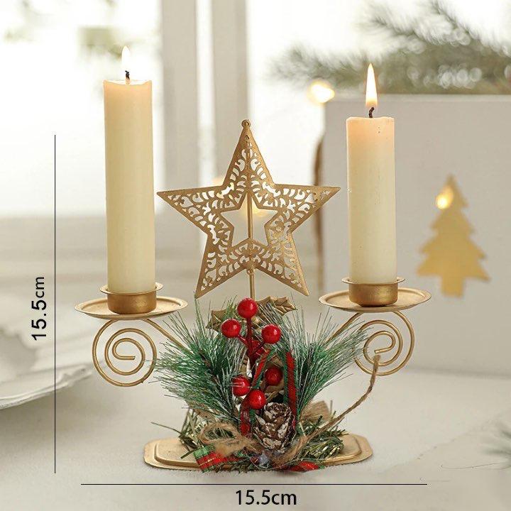 Golden Metal Candle Holder – Elegant Candlestick with Tree, Reindeer, Star, & Snowflake Motifs for Seasonal & Special Occasion Decor - Home Fads 
