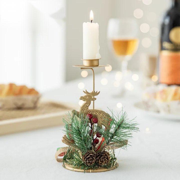 Golden Metal Candle Holder – Elegant Candlestick with Tree, Reindeer, Star, & Snowflake Motifs for Seasonal & Special Occasion Decor - Home Fads 