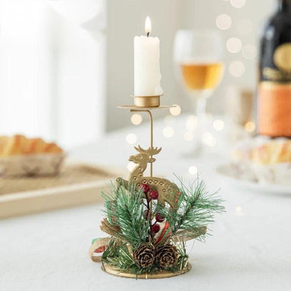Golden Metal Candle Holder – Elegant Candlestick with Tree, Reindeer, Star, & Snowflake Motifs for Seasonal & Special Occasion Decor - Home Fads 