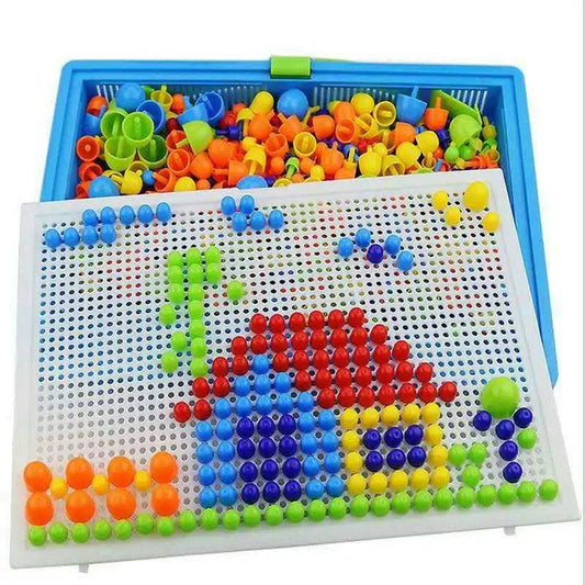 Box-Packed 3D Mosaic Puzzle Board Game with 296 Mushroom Nail Beads - Educational Toy for Kids - Home Fads