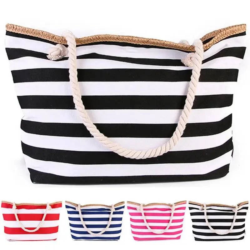 Fashionable Striped Canvas Beach Tote Bag for Women - Large Capacity Summer Handbag - Home Fads