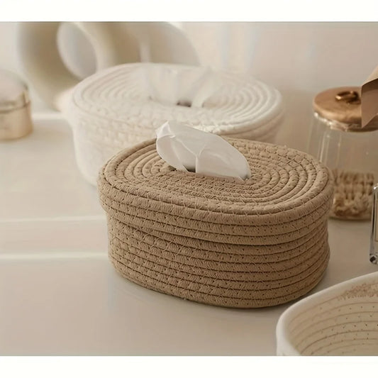 Hand-Woven Fabric Tissue Box Holder – Washable Cloth Tissue Cover for Napkins, Facial Tissues, and Home Storage - Home Fads 