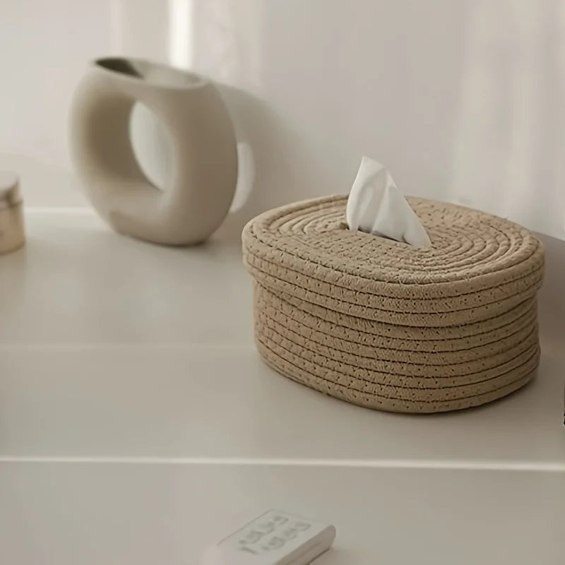 Hand-Woven Fabric Tissue Box Holder – Washable Cloth Tissue Cover for Napkins, Facial Tissues, and Home Storage - Home Fads 