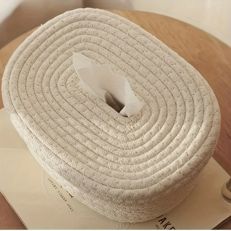 Hand-Woven Fabric Tissue Box Holder – Washable Cloth Tissue Cover for Napkins, Facial Tissues, and Home Storage - Home Fads 