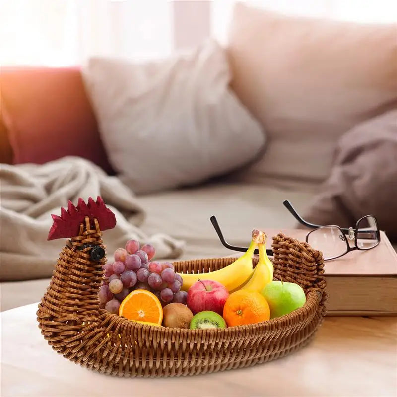 Handwoven Rattan Fruit Basket – Chicken-Shaped Decorative Storage Tray for Bread, Snacks, and Easter Egg Hunts - Home Fads 