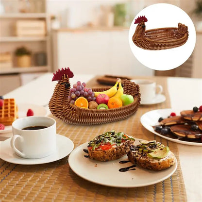 Handwoven Rattan Fruit Basket – Chicken-Shaped Decorative Storage Tray for Bread, Snacks, and Easter Egg Hunts - Home Fads 