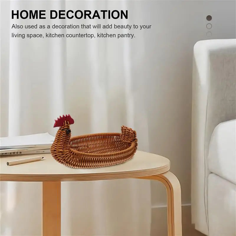 Handwoven Rattan Fruit Basket – Chicken-Shaped Decorative Storage Tray for Bread, Snacks, and Easter Egg Hunts - Home Fads 