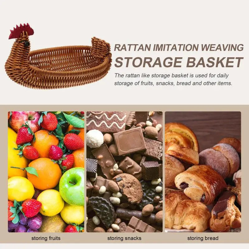 Handwoven Rattan Fruit Basket – Chicken-Shaped Decorative Storage Tray for Bread, Snacks, and Easter Egg Hunts - Home Fads 