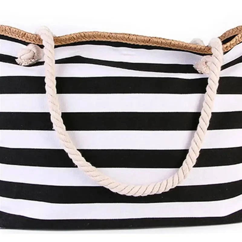 Fashionable Striped Canvas Beach Tote Bag for Women - Large Capacity Summer Handbag - Home Fads