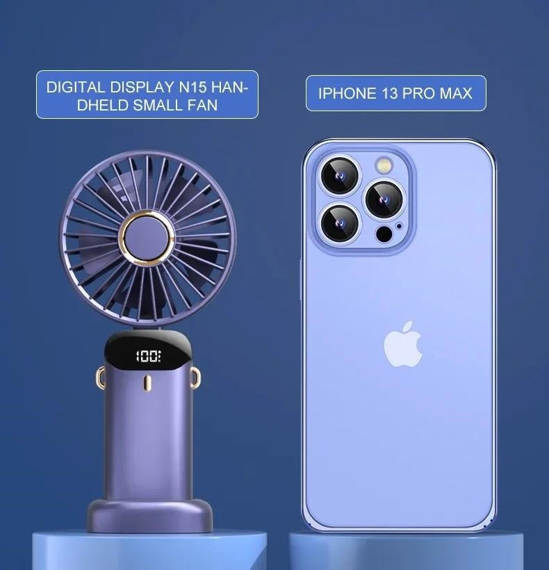 Portable 1800mAh USB Rechargeable Mini Fan – 5-Speed Foldable Neck Hanging Fan with LED Display, Phone Stand, and Aromatherapy Feature
