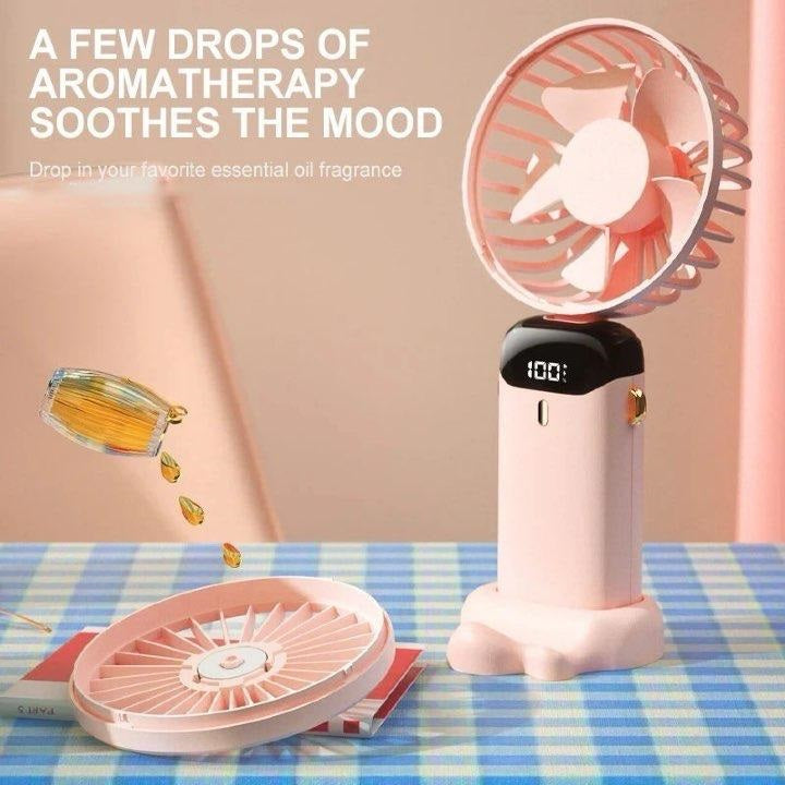 Portable 1800mAh USB Rechargeable Mini Fan – 5-Speed Foldable Neck Hanging Fan with LED Display, Phone Stand, and Aromatherapy Feature