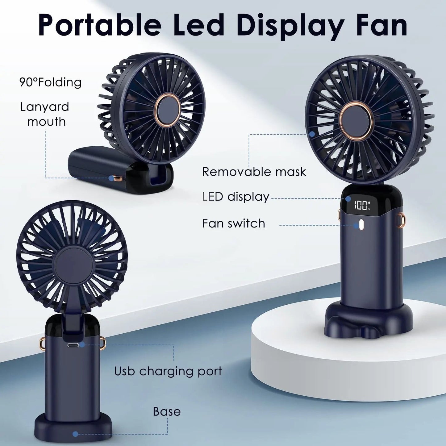 Portable 1800mAh USB Rechargeable Mini Fan – 5-Speed Foldable Neck Hanging Fan with LED Display, Phone Stand, and Aromatherapy Feature