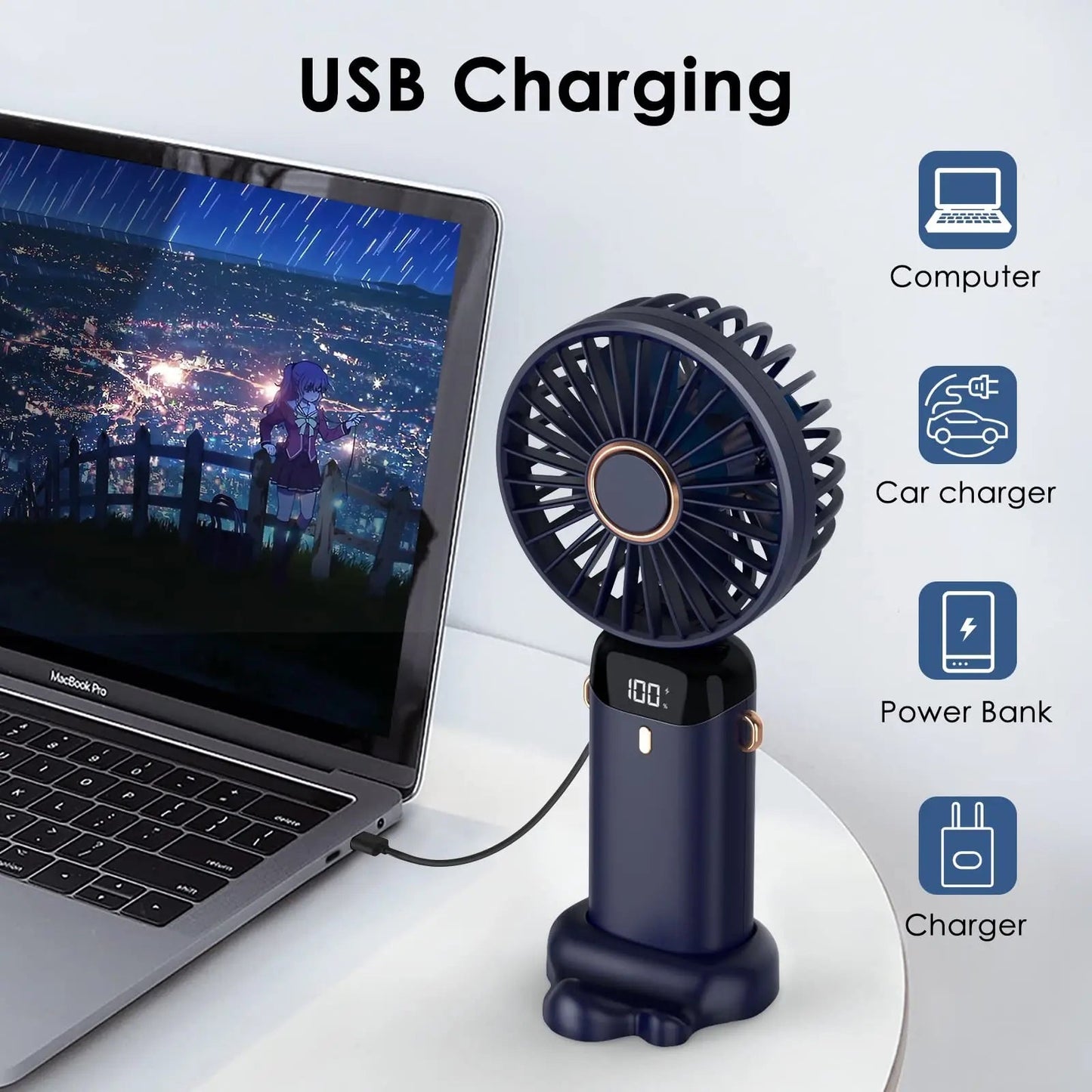 Portable 1800mAh USB Rechargeable Mini Fan – 5-Speed Foldable Neck Hanging Fan with LED Display, Phone Stand, and Aromatherapy Feature