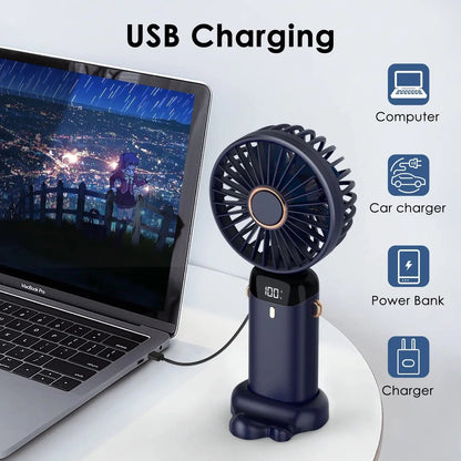 Portable 1800mAh USB Rechargeable Mini Fan – 5-Speed Foldable Neck Hanging Fan with LED Display, Phone Stand, and Aromatherapy Feature