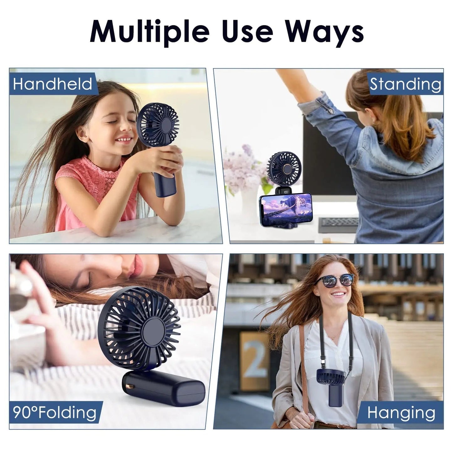 Portable 1800mAh USB Rechargeable Mini Fan – 5-Speed Foldable Neck Hanging Fan with LED Display, Phone Stand, and Aromatherapy Feature