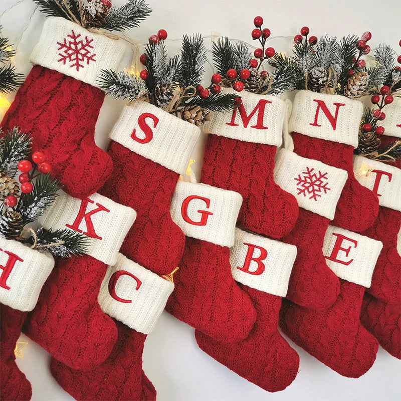 Knitted Holiday Stocking with Snowflake, Alphabet, Bear Paw, and Footprint Designs – Decorative Stocking for Tree or Home - Home Fads 