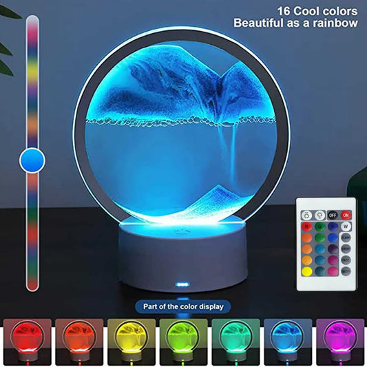 LED RGB Sand Art Lamp – 3D Rotating Hourglass Light with 16 Colors, USB Powered, Touch or Remote Control - Home Fads 