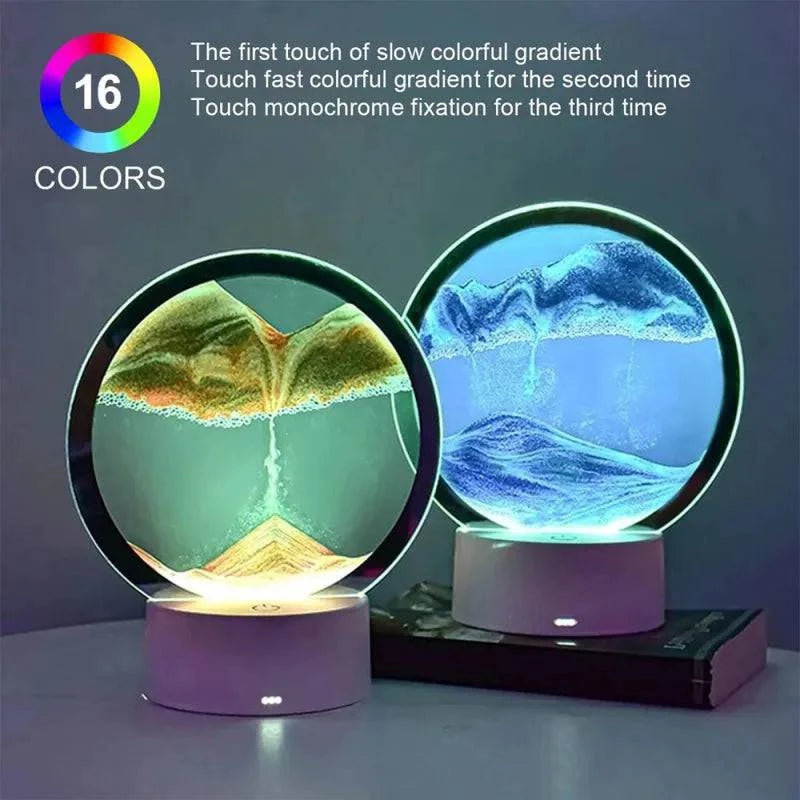 LED RGB Sand Art Lamp – 3D Rotating Hourglass Light with 16 Colors, USB Powered, Touch or Remote Control - Home Fads 