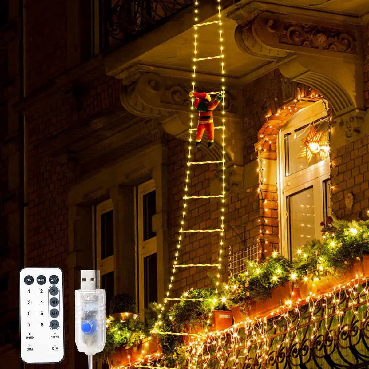 LED Santa Claus Christmas Climbing Ladder Light, USB Powered, 8 Lighting Modes, 1.5M or 3M, Warm White or Multicolor - Home Fads