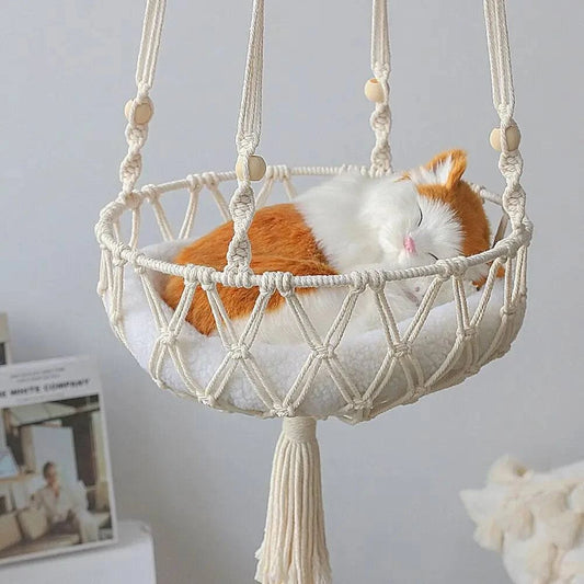 Large Macrame Cat Hammock - Handwoven Hanging Swing Bed for Cats and Small Dogs - Premium Cotton Pet Accessories - Home Fads 