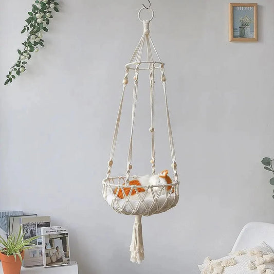 Large Macrame Cat Hammock - Handwoven Hanging Swing Bed for Cats and Small Dogs - Premium Cotton Pet Accessories - Home Fads 