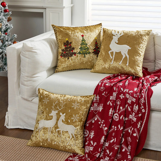 Luxurious Embroidered Velvet Cushion Cover – Soft 18x18 Decorative Throw Pillow Case in Gold for Holiday Home Decor - Home Fads 