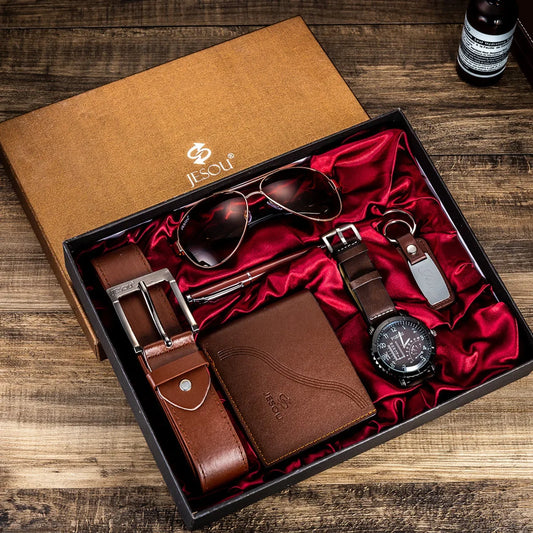 Coffret cadeau 6 en 1 montre à quartz pour homme : grand cadran, ceinture en cuir, portefeuille, lunettes, stylo et porte-clés