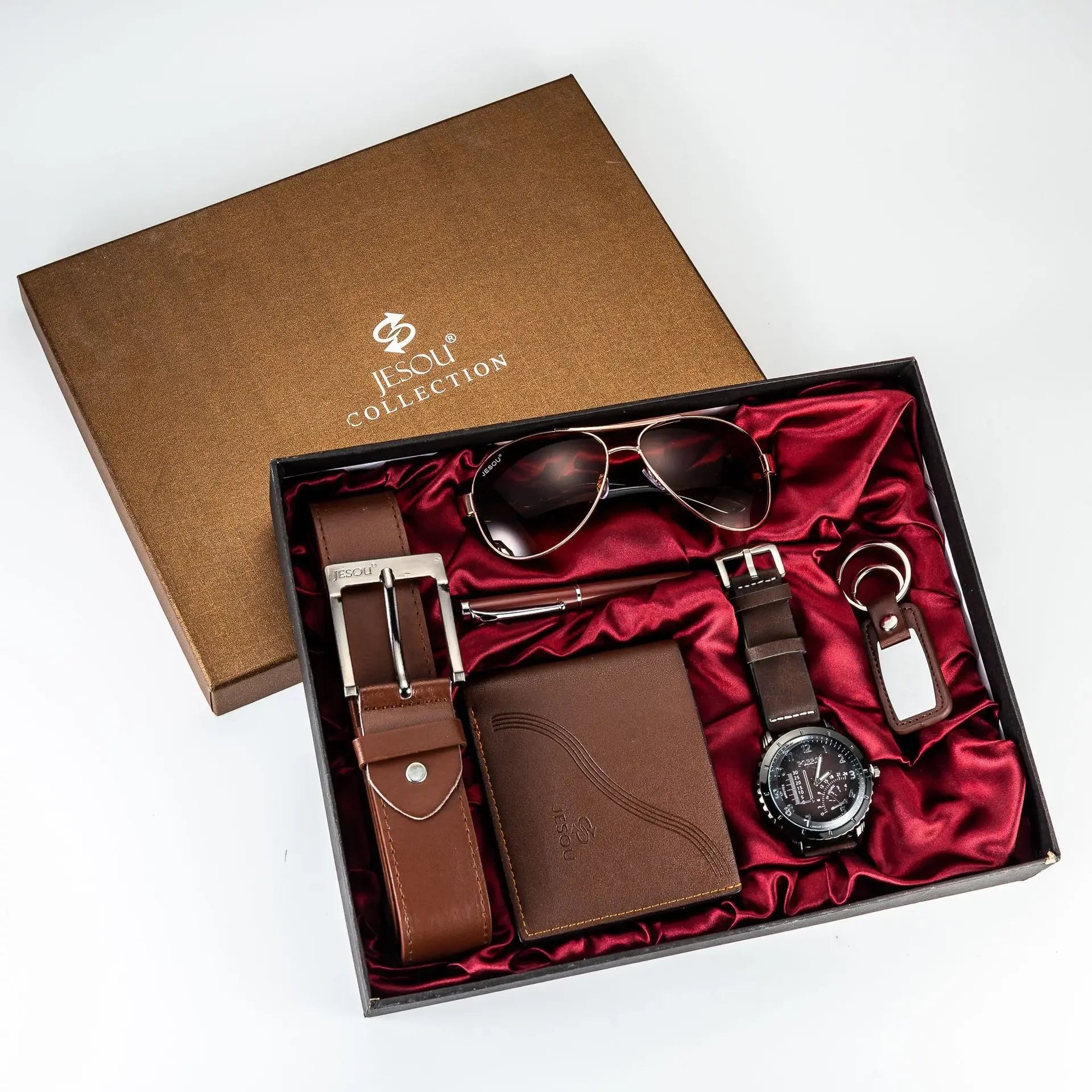 Men’s Quartz Watch 6-in-1 Gift Set – Large Dial, Leather Belt, Wallet, Glasses, Pen, and Keychain - Home Fads 