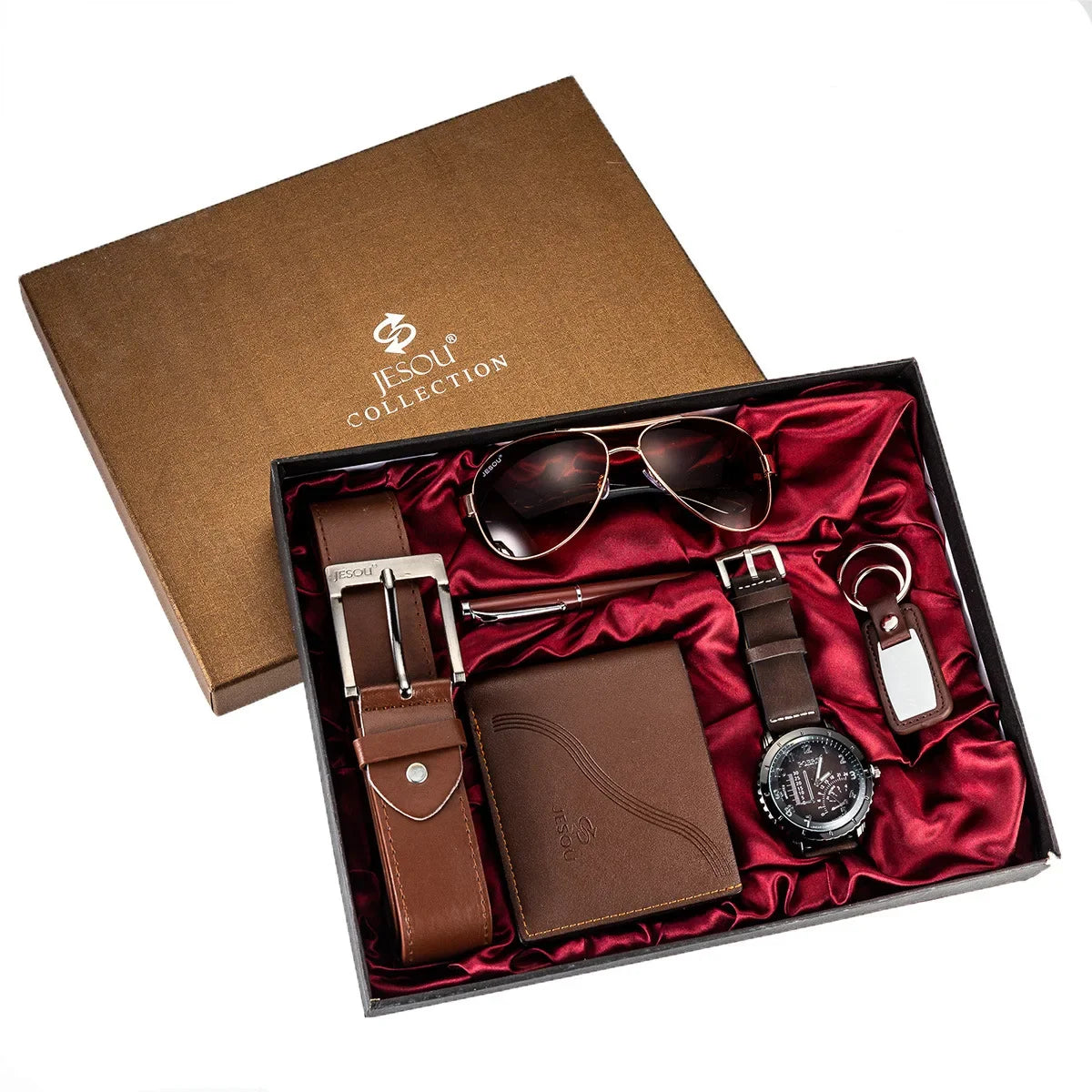 Men’s Quartz Watch 6-in-1 Gift Set – Large Dial, Leather Belt, Wallet, Glasses, Pen, and Keychain - Home Fads 