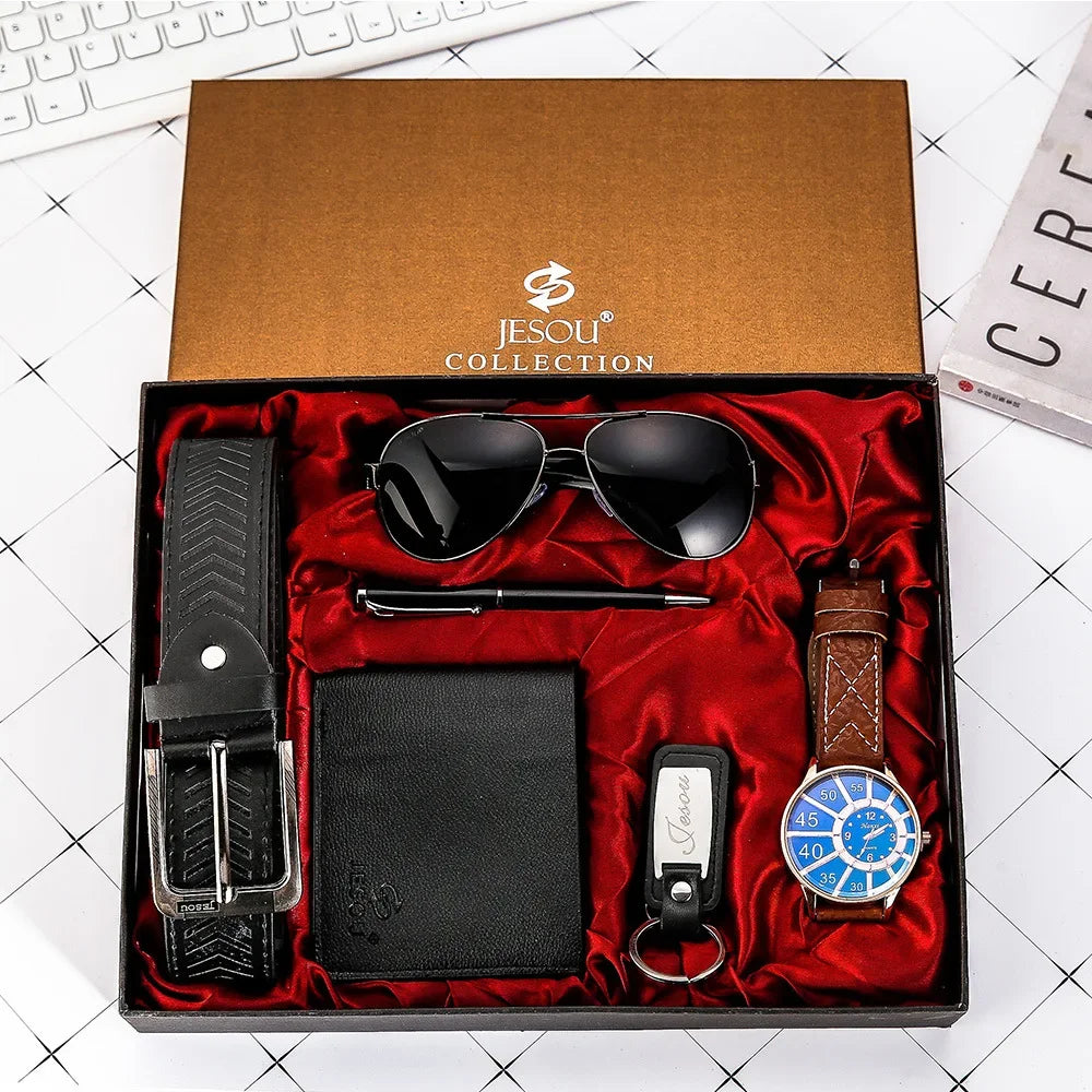 Men’s Quartz Watch 6-in-1 Gift Set – Large Dial, Leather Belt, Wallet, Glasses, Pen, and Keychain - Home Fads 