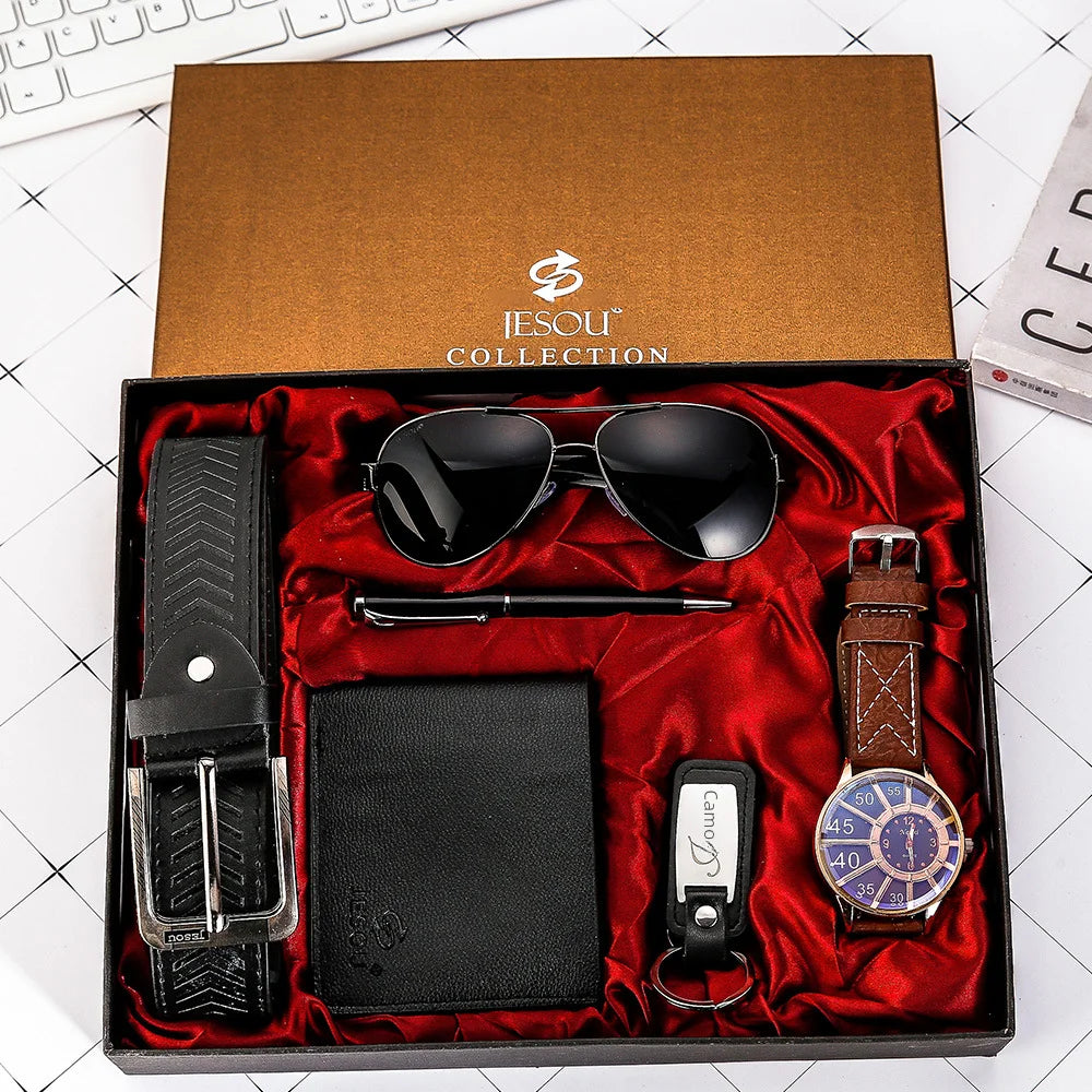 Men’s Quartz Watch 6-in-1 Gift Set – Large Dial, Leather Belt, Wallet, Glasses, Pen, and Keychain - Home Fads 