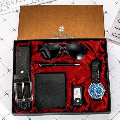 Men’s Quartz Watch 6-in-1 Gift Set – Large Dial, Leather Belt, Wallet, Glasses, Pen, and Keychain - Home Fads 