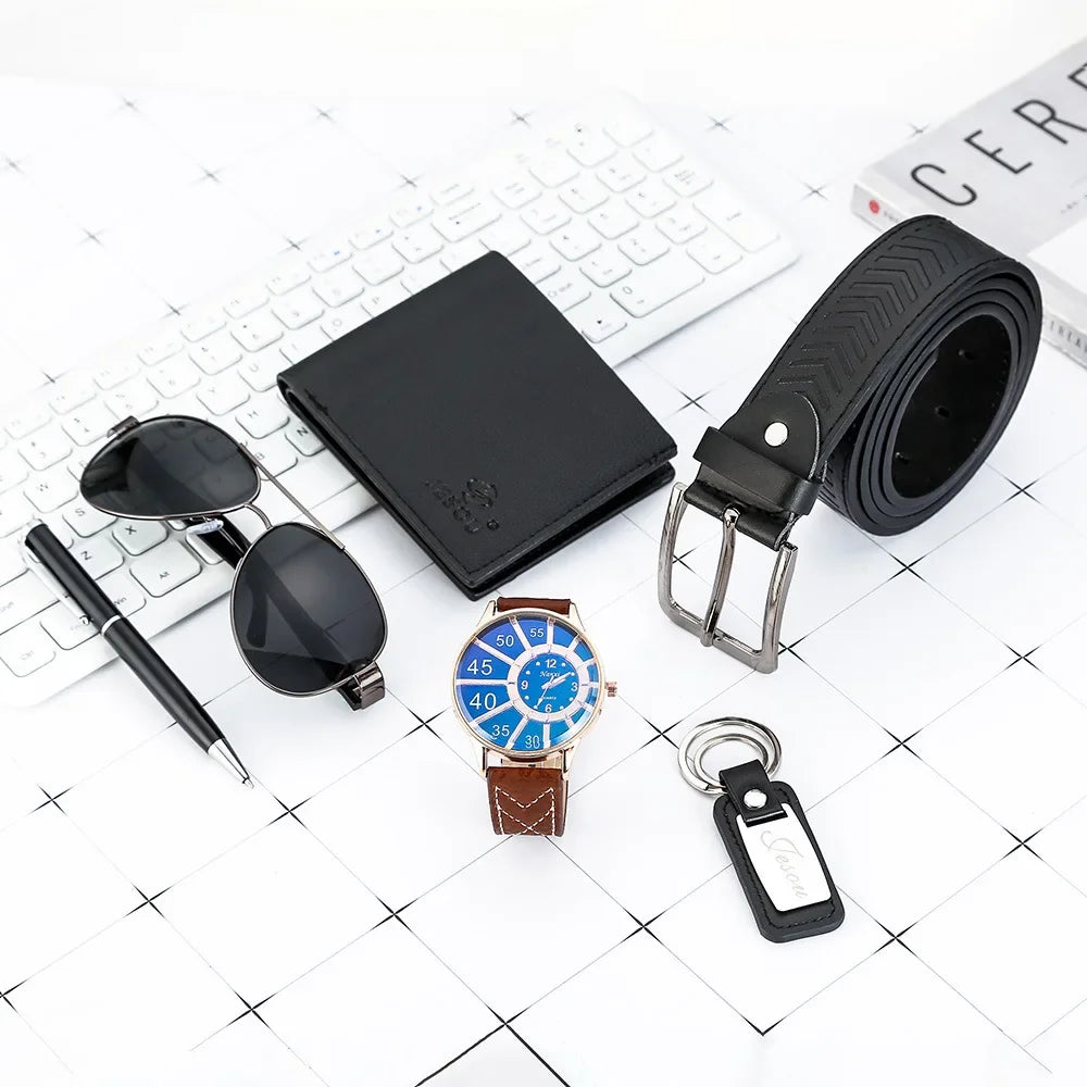 Men’s Quartz Watch 6-in-1 Gift Set – Large Dial, Leather Belt, Wallet, Glasses, Pen, and Keychain - Home Fads 