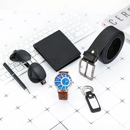 Men’s Quartz Watch 6-in-1 Gift Set – Large Dial, Leather Belt, Wallet, Glasses, Pen, and Keychain - Home Fads 