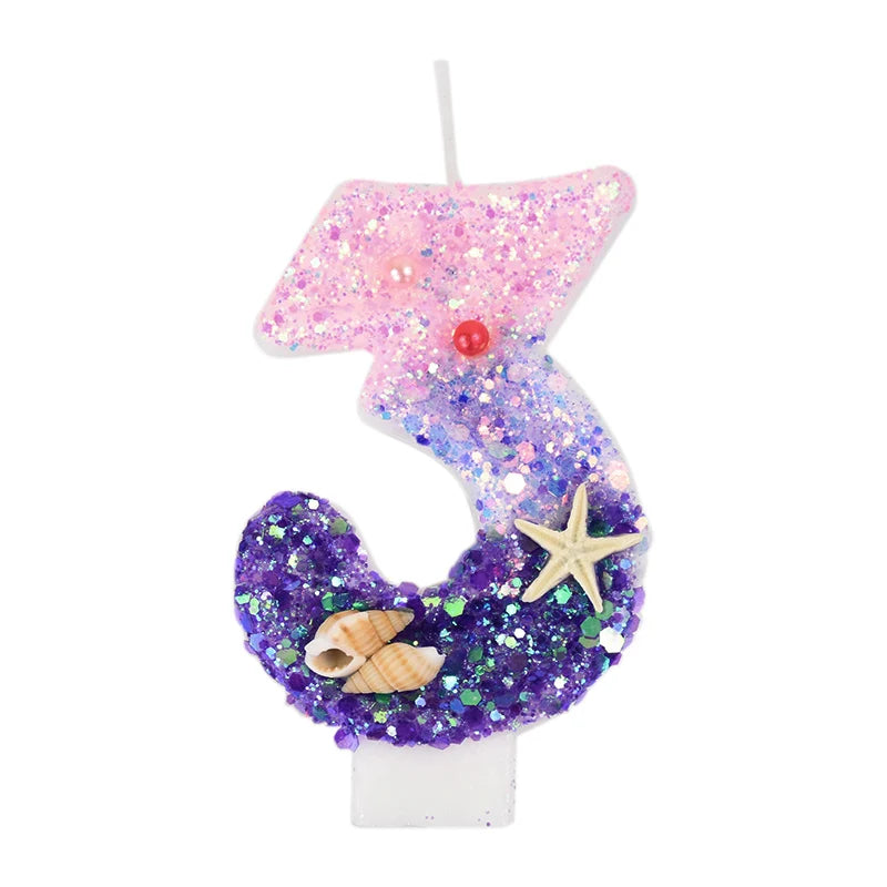 Mermaid-Themed Number Cake Candle (0-9) with Drip Saucer – Pink and Purple Topper for Girls’ Birthday Party, Under-the-Sea Cake Decoration - Home Fads 