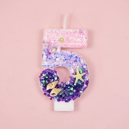 Mermaid-Themed Number Cake Candle (0-9) with Drip Saucer – Pink and Purple Topper for Girls’ Birthday Party, Under-the-Sea Cake Decoration - Home Fads 