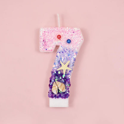 Mermaid-Themed Number Cake Candle (0-9) with Drip Saucer – Pink and Purple Topper for Girls’ Birthday Party, Under-the-Sea Cake Decoration - Home Fads 