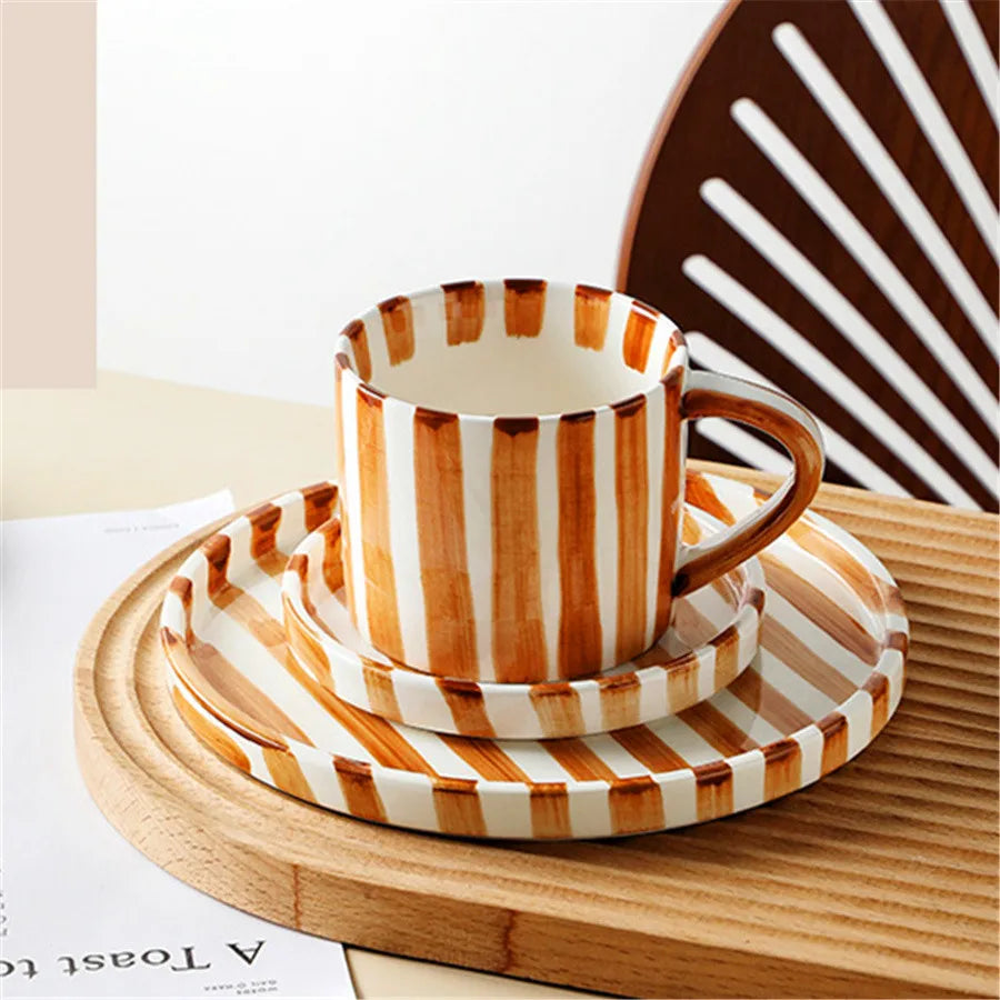 Minimalist Striped Ceramic Cup and Saucer Set – Hand-Drawn Design, 280ml (9.5oz) Coffee and Tea Drinking Set - Home Fads 