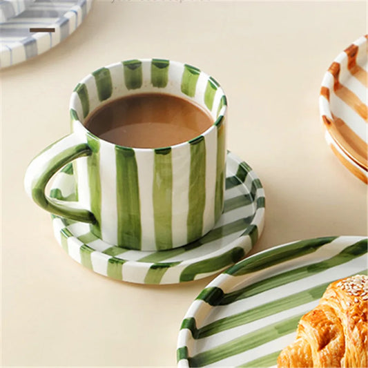 Minimalist Striped Ceramic Cup and Saucer Set – Hand-Drawn Design, 280ml (9.5oz) Coffee and Tea Drinking Set - Home Fads 