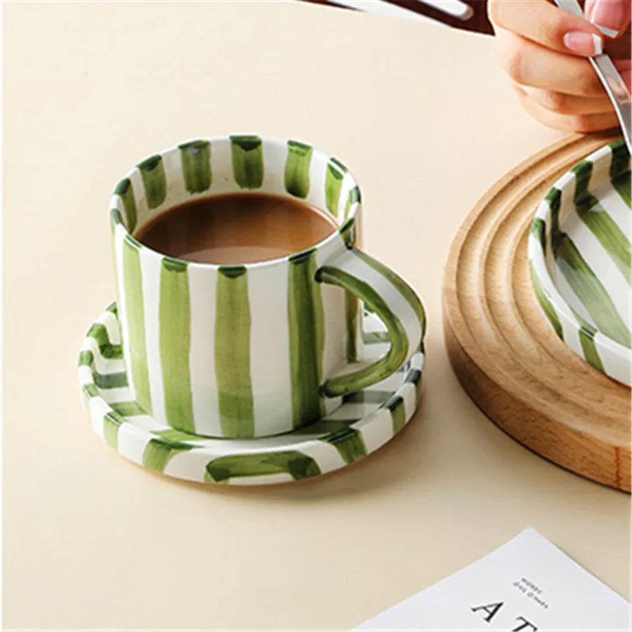 Minimalist Striped Ceramic Cup and Saucer Set – Hand-Drawn Design, 280ml (9.5oz) Coffee and Tea Drinking Set - Home Fads 