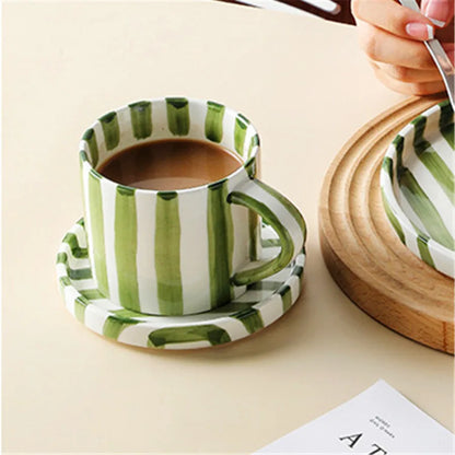 Minimalist Striped Ceramic Cup and Saucer Set – Hand-Drawn Design, 280ml (9.5oz) Coffee and Tea Drinking Set - Home Fads 