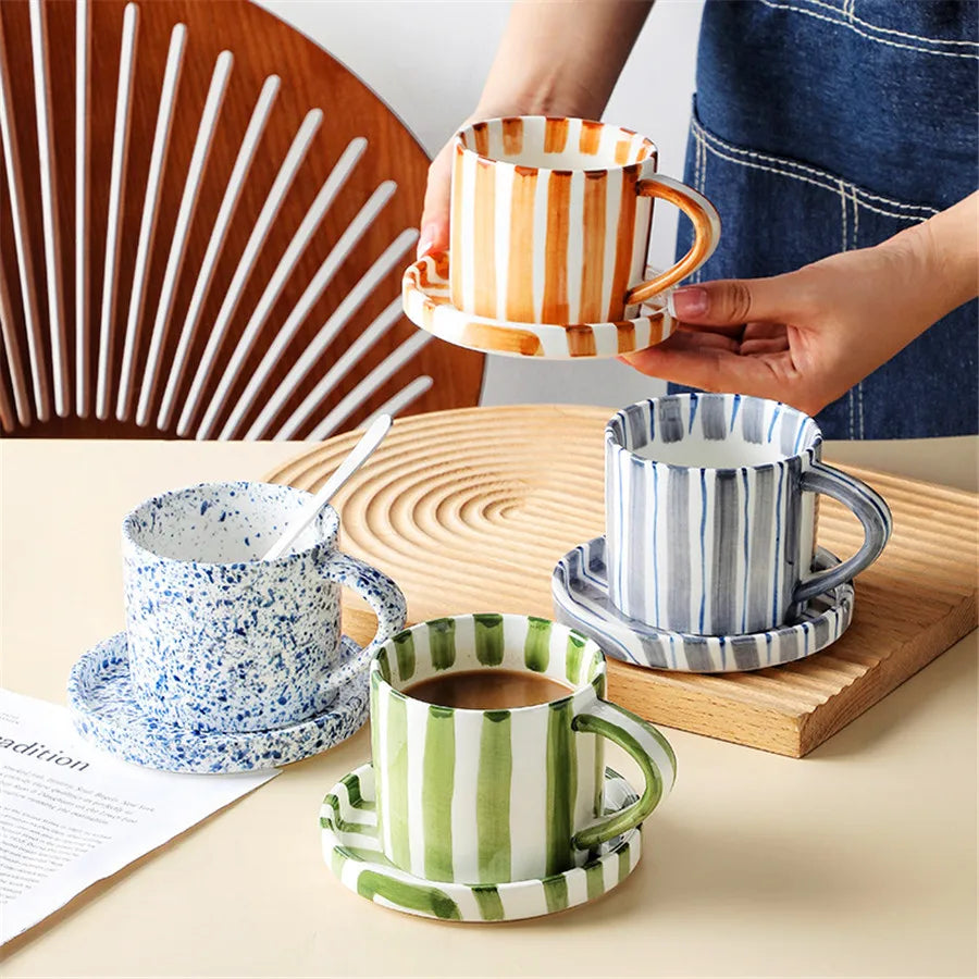 Minimalist Striped Ceramic Cup and Saucer Set – Hand-Drawn Design, 280ml (9.5oz) Coffee and Tea Drinking Set - Home Fads 