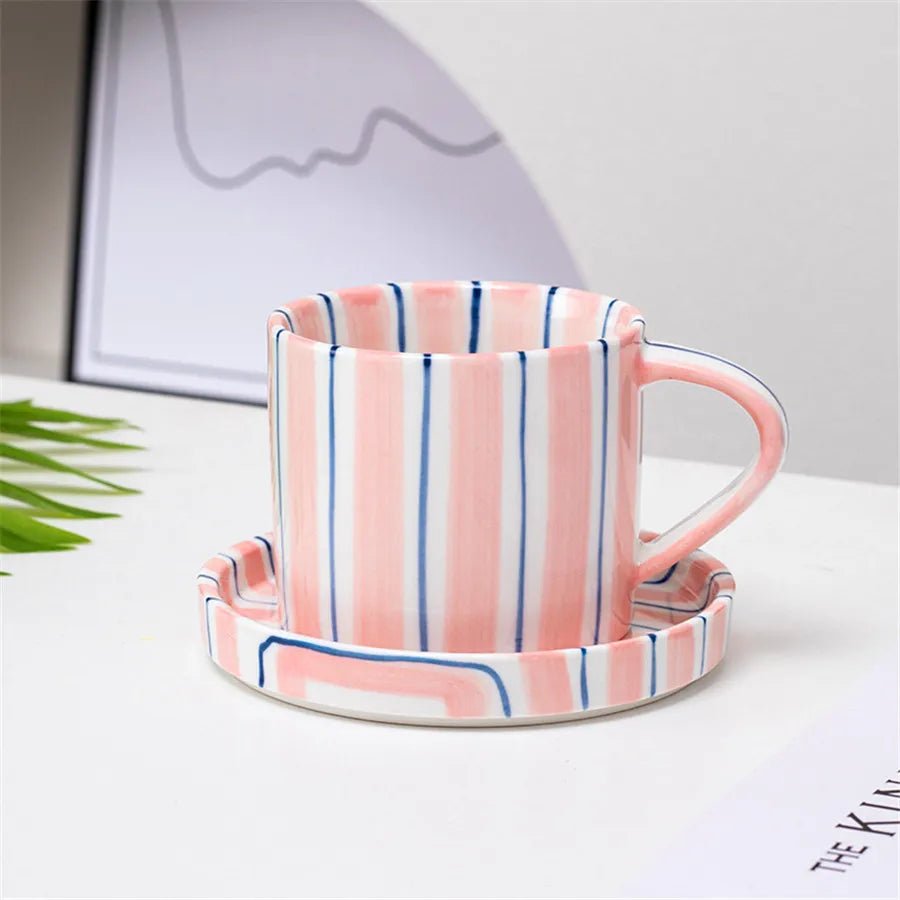 Minimalist Striped Ceramic Cup and Saucer Set – Hand-Drawn Design, 280ml (9.5oz) Coffee and Tea Drinking Set - Home Fads 
